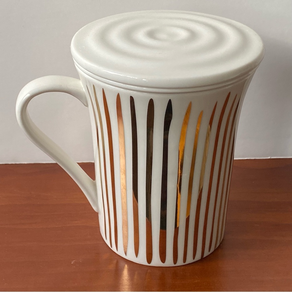 Teavana Mug With Top New Gold Stripes Coffee Mug Tea Strainer White Diffuser